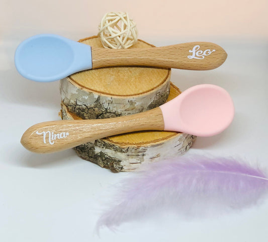 Custom Silicone Spoon with Baby Wooden Handle, Bpa-Free, Self-Feeding, Toddler Table Accessories