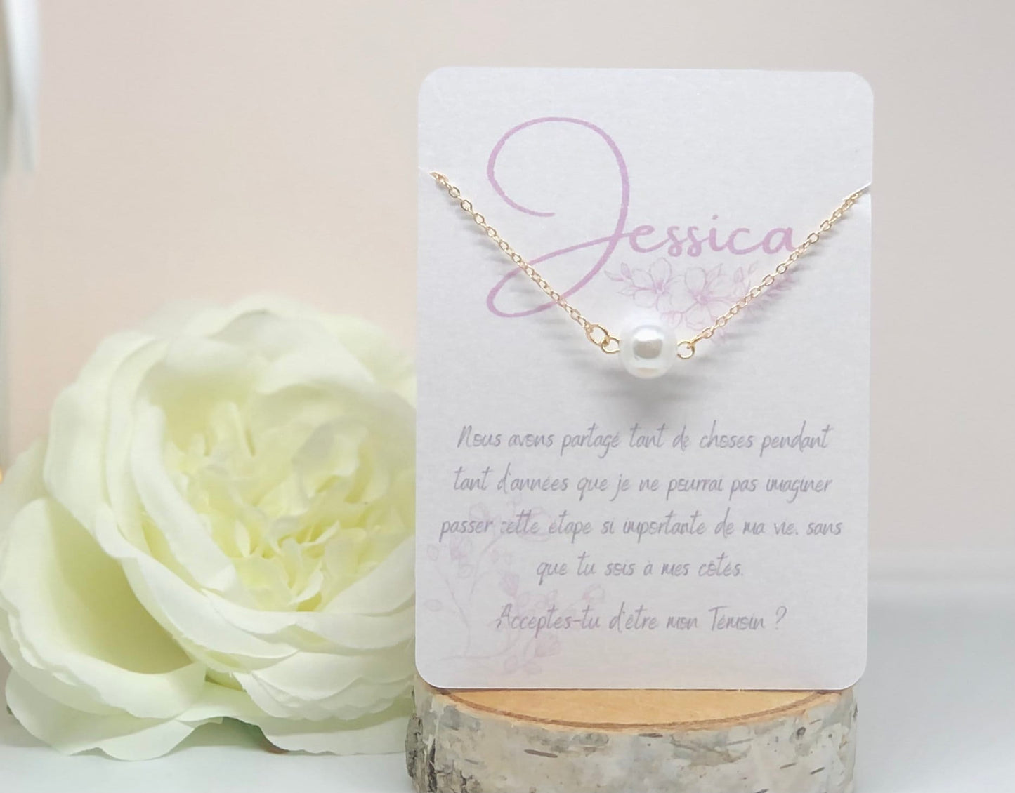 Necklace and personalized card for wedding witness request, bridesmaid