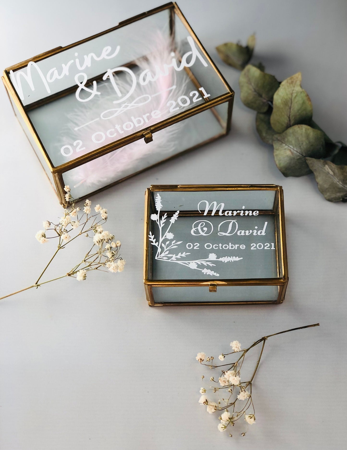 Personalized glass box or personalized wedding stickers, wedding ring box