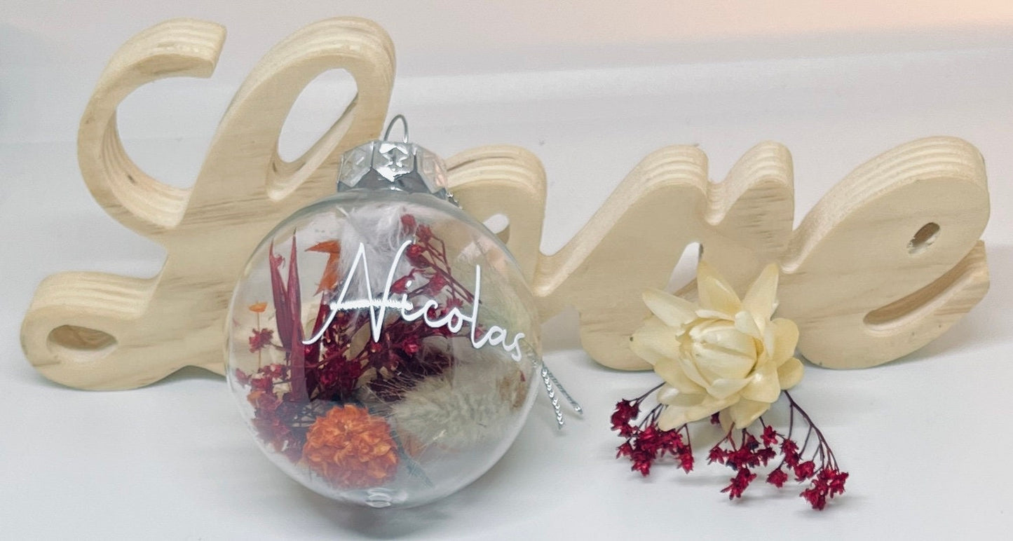 Boule ronde transparent de Noël en plastique personnalisée pour sapin de noel avec fleurs séchées